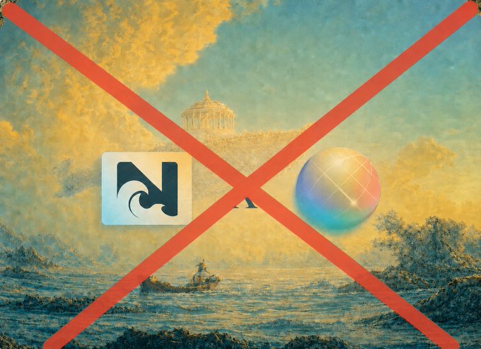 A landscape painting overlaid with a large red X, featuring two logos: a black wave icon on a white square and a multicolored sphere, with a faint building visible in the background.
