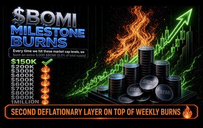 Promotional graphic for '$BOMI MILESTONE BURNS' advertising a token burn mechanism at market cap tiers from $150K to $1 Million, with text 'Every time we hit these market cap levels, we burn an extra 5,000 $BOMI (0.5% of total supply)' and 'SECOND DEFLATIONARY LAYER ON TOP OF WEEKLY BURNS'.