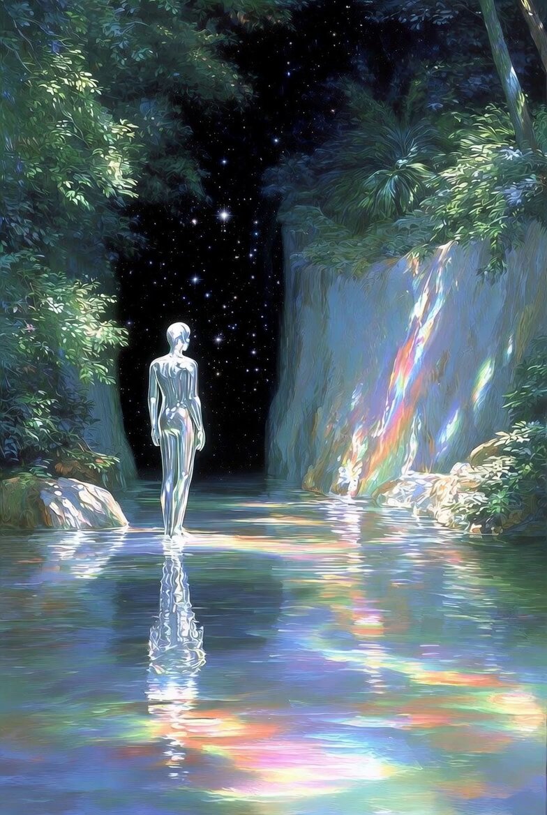 The image features a man walking through a forest, with trees surrounding him at various points along his path. The scene takes place near water, as evidenced by the reflection of the man in the water's surface. The background includes stars, adding an element of magic and wonder to the overall atmosphere. The post is titled "Let Me Go" by Demi Deep Worlds, which suggests that this image might be related to a popular song or movie featuring the same title.