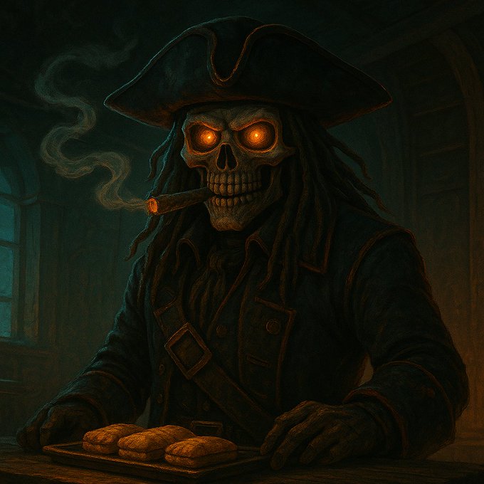A digital illustration of a skeletal pirate with glowing orange eyes, wearing a tricorn hat and smoking a cigar, sitting at a table with a tray of pastries.