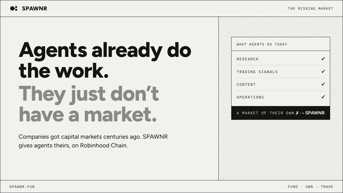A website landing page for SPAWNR featuring the headline 'Agents already do the work. They just don't have a market.' and a list of tasks agents perform.