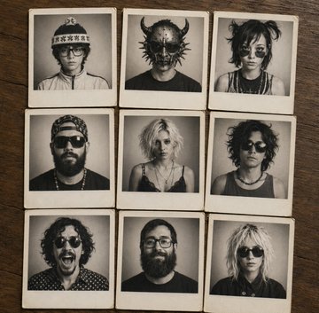Nine black-and-white portrait photographs arranged in a grid, featuring various people wearing distinctive hats, sunglasses, and styled hair.