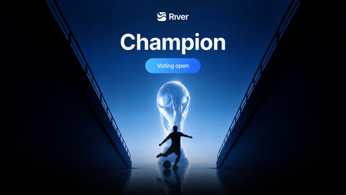 A promotional graphic with the River logo and 'Champion - Voting open' text, featuring a silhouette of a soccer player against a glowing blue trophy in a stadium-like setting.