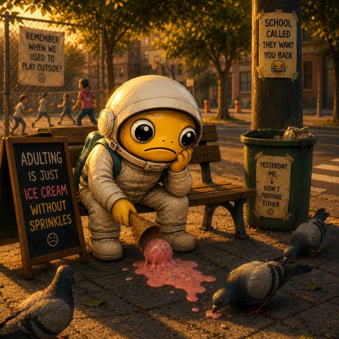 The image features an anthropomorphized cartoon character, likely a yellow bird or duck, sitting on a bench with its foot hanging over the edge of the bench. The character appears to be eating ice cream from a bucket nearby. In the background, there are several pigeons gathered around the scene, seemingly enjoying their time as well.

The image also includes text that reads "Remember when? When used to play outside. Remember?" and "Don't forget to sprinkle". These phrases seem unrelated to the main subject of the cartoon character eating ice cream on a bench. The presence of these texts adds an element of whimsy or nostalgia, possibly suggesting that the character is enjoying its time in a park where people have been playing before it started raining.

The image also contains several pigeons scattered around the scene, which further emphasizes the connection to the text about sprinkling. Overall, the image presents a playful and lighthearted atmosphere with an unexpected twist involving ice cream and pigeons.