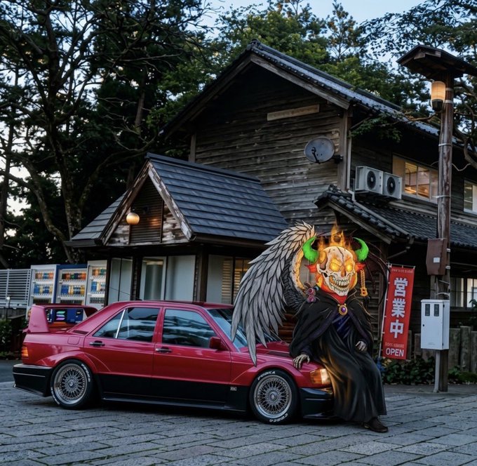 A fantasy-themed scene shows a winged horned demon in a black cloak leaning against a lowered red sports car parked in front of a traditional Japanese wooden building with a red banner reading '營業中' (Open).
