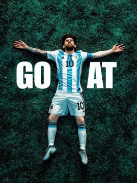Lionel Messi in an Argentina #10 jersey lies on grass with arms outstretched, overlaid with the text 'GO AT'.