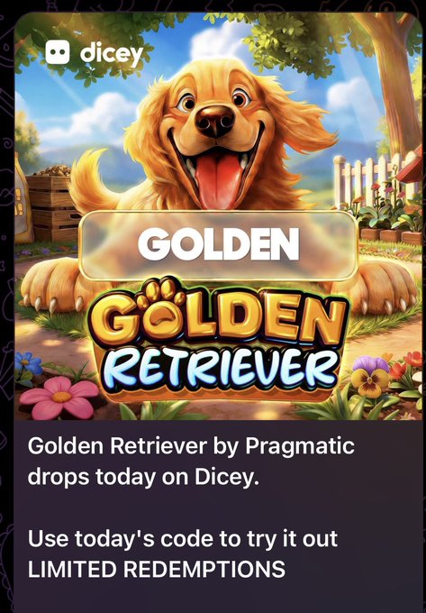 The image is a promotional advertisement from Dicey featuring the game "Golden Retriever" by Pragmatic, showing a cartoon golden retriever smiling behind the game's logo and offering viewers a limited redemption code to try it out. This relates to the post as the user is highlighting how they used one of Dicey's daily Telegram codes to turn a small spin into a significant $310.20 win on a Dicey game.