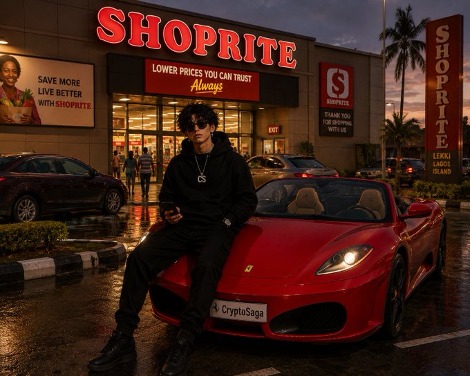 A stylish young man in a black hoodie sits on the hood of a red Ferrari convertible with a 'CryptoSaga' license plate, parked in front of a Shoprite supermarket with signs reading 'LOWER PRICES YOU CAN TRUST Always' and 'Thank you for shopping with us'.