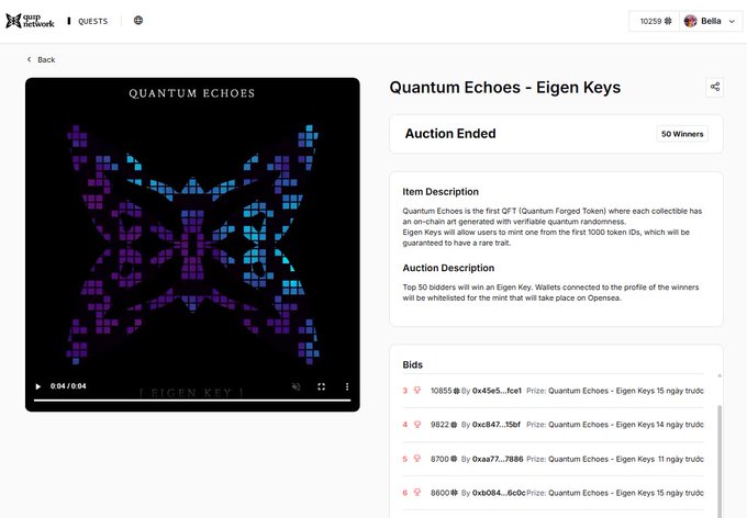 A screenshot of the 'opensea' Quests page displaying an auction for 'Quantum Echoes - Eigen Keys' with a pixelated purple/blue artwork, noting 'Auction Ended' with 50 Winners and showing top bids.
