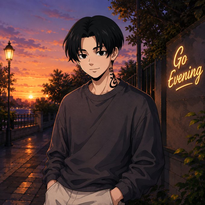 Anime-style illustration of a dark-haired young man in a dark sweater standing by a street at sunset, with a neon sign reading 'Go Evening'.