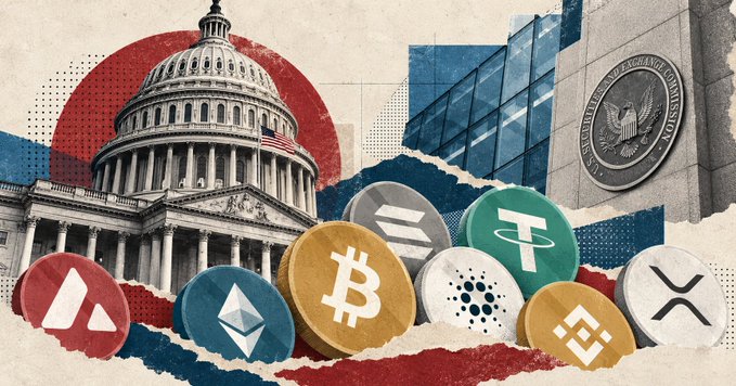 A torn-paper style collage features the U.S. Capitol building, the SEC seal, and prominent cryptocurrency logos (BTC, ETH, ADA, SOL, BNB, XRP, DOT, AVAX) set against a red, white, and blue background, visually tying the 24-hour market recap's mention of BTC and ETH trading levels alongside the SEC's new 760-page crypto custody framework and the CLARITY Act moving out of Congress.