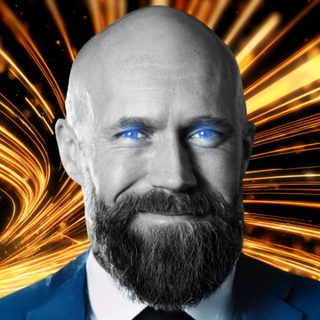 A grayscale portrait of a bearded, bald man with glowing blue eyes, set against a dynamic background of fiery orange and yellow light streaks. The image has no visible text or identifying features, serving as a stylized visual accompanying news of the Cardano Foundation's new partnership with Pacific Meta to expand $ADA's blockchain applications.