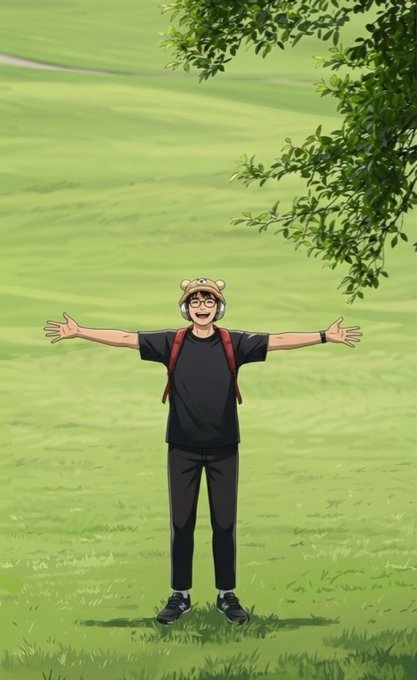 An anime-style illustration shows a smiling boy wearing glasses and a bear-eared hat, standing with arms outstretched in a green field under a tree.