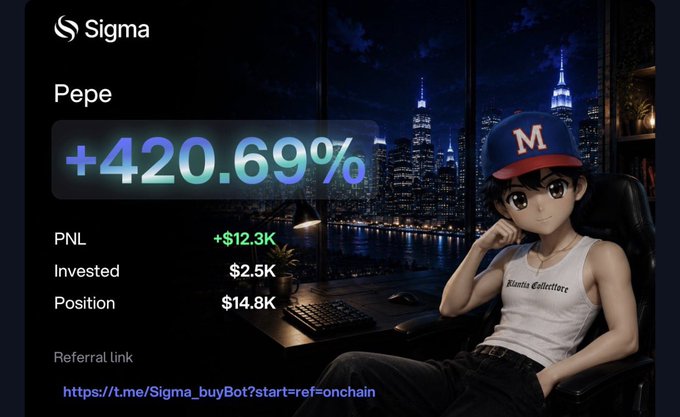 The image is a promotional graphic for Sigma featuring an anime-style character wearing an "M" cap, with performance metrics for the Pepe token showing a +420.69% gain, $12.3K PNL, $2.5K invested, and a $14.8K position, alongside a referral link. It visually reinforces the post's message by showcasing a successful on-chain trading win, highlighting Sigma's potential for strong returns and easy trading.