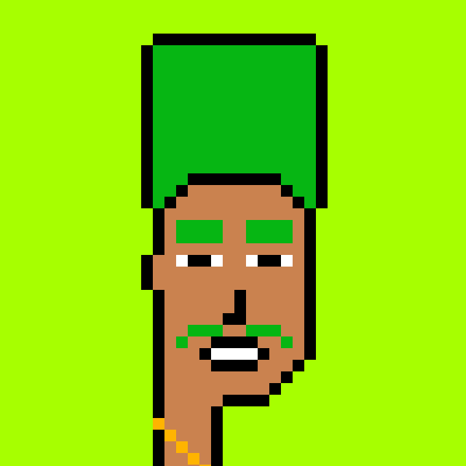 A pixel art portrait of a smiling character with a green flat-top hat, green eyes, green mustache, and a gold chain against a bright green background.