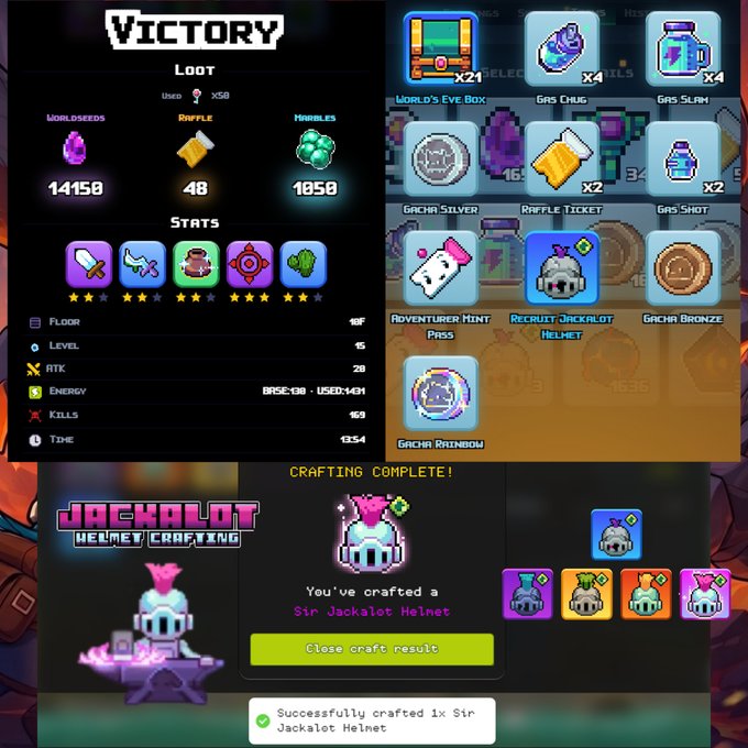 Gameplay screenshots showing a 'VICTORY' screen with loot (Worldseeds 14150, Raffle 48, Morale 1050) and stats, an inventory of items like Gas Plug, Gas Slam, and Gas Shot, and a crafting completion notification for a 'Sir Jackalot Helmet'.