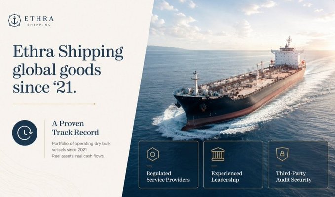 An Ethra Shipping promotional banner stating 'Ethra Shipping global goods since '21' featuring a large cargo ship at sea, with features listed as Regulated Service Providers, Experienced Leadership, and Third-Party Audit Security.