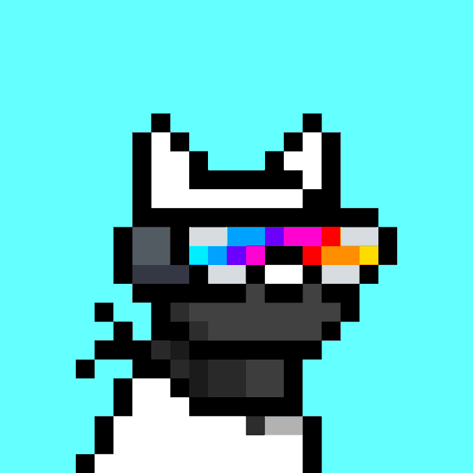 Pixel art image of a black character with white horns wearing colorful pixelated sunglasses (in teal, purple, pink, red, and orange) against a bright cyan background, representing a 1-1 NFT.