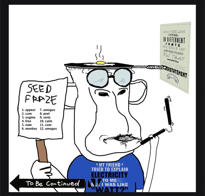 A cartoon illustration of a character wearing sunglasses and a graduation cap, holding signs labeled 'SEED FRAZE' and 'INK DIFFERENT FONTS' with various wordplay jokes.