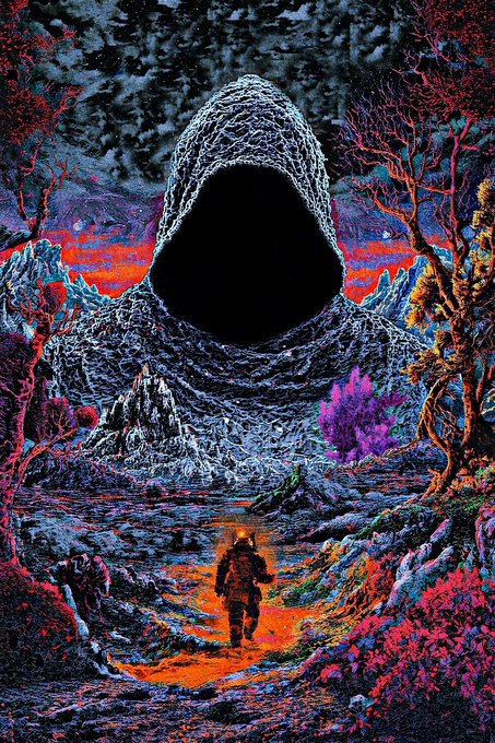 A vibrant, stylized fantasy illustration depicts a small figure walking toward a giant hooded entity in a surreal landscape.