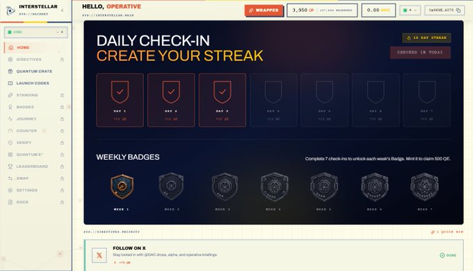 A screenshot of the 'INTERSTELLAR' platform's 'OPERATIVE' dashboard showing a 'DAILY CHECK-IN' section with 7 day streak tracking and weekly badges for earning quantum energy (QE).