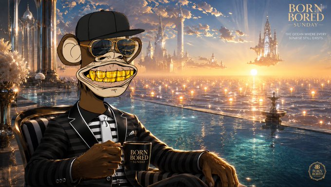 A cartoon monkey in a black suit, gold-rimmed sunglasses, and cap sits in a chair overlooking a futuristic ocean city, holding a "BORN BORED SUNDAY" mug, with the tagline "THE OCEAN WHERE EVERY PROFILE STILL EXISTS" in the corner—pairing with the post's message about taking early, bold action in Web3 without waiting for permission or validation.