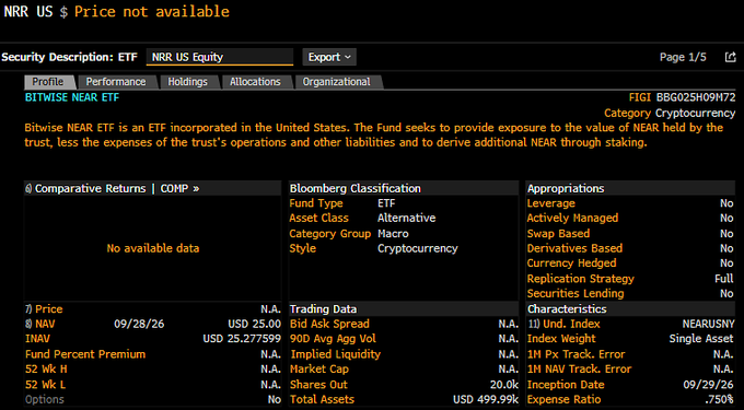 A dark-themed financial interface showing information for "NRR US $ Price not available". The security is described as the "BITWISE NEAR ETF", an alternative ETF seeking to provide exposure to the NEAR cryptocurrency, with various data points like NAV, Bid Ask Spread, and Inception Date listed.