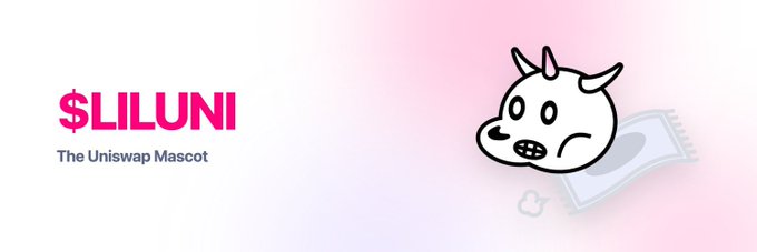 The image displays a promotional banner for "$LILUNI" with the tagline "The Uniswap Mascot," featuring a cartoon unicorn head with a pink horn blowing wind or air, set against a soft pink gradient background. The banner visually represents the $LILUNI token highlighted in the accompanying post as an emerging early play on Robinhood Chain, reinforcing the meme-inspired branding around the Uniswap mascot.