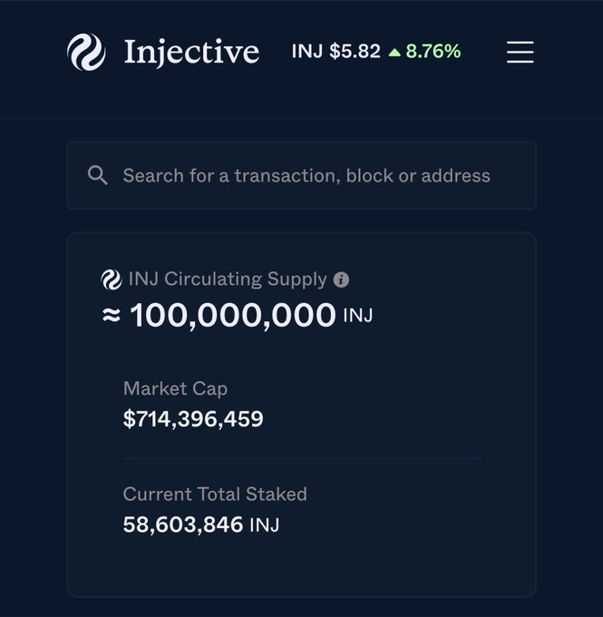 The Injective website displays INJ token price at $5.82 (up 8.76%) with a market cap of $714,396,459 and approximately 100,000,000 INJ in circulating supply.