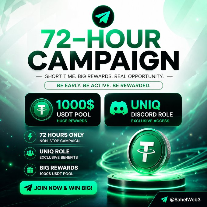 A vibrant green-themed promotional graphic advertising a "72-HOUR CAMPAIGN" by @SahelWeb3, featuring a 1000$ USDT reward pool, an exclusive "UNIQ" Discord role, and a call-to-action to "JOIN NOW & WIN BIG," which visually supports the post's announcement of a 72-hour community campaign offering a $1,000 USDT prize pool and exclusive Discord role for participants.