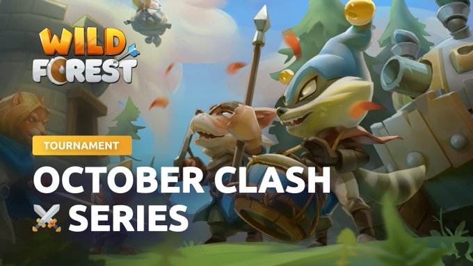 Promotional graphic for 'WILD FOREST' advertising the 'TOURNAMENT OCTOBER CLASH X SERIES' with cartoon goblin and troll characters holding weapons.
