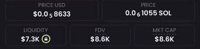 The image shows cryptocurrency trading metrics for a token, displaying a price of $0.058633 USD (0.061055 SOL), liquidity of $7.3K, and both FDV and market cap at $8.6K. This appears to be a screenshot of a low-liquidity token's stats, contrasting with the "$15 SOL" request mentioned in the post.