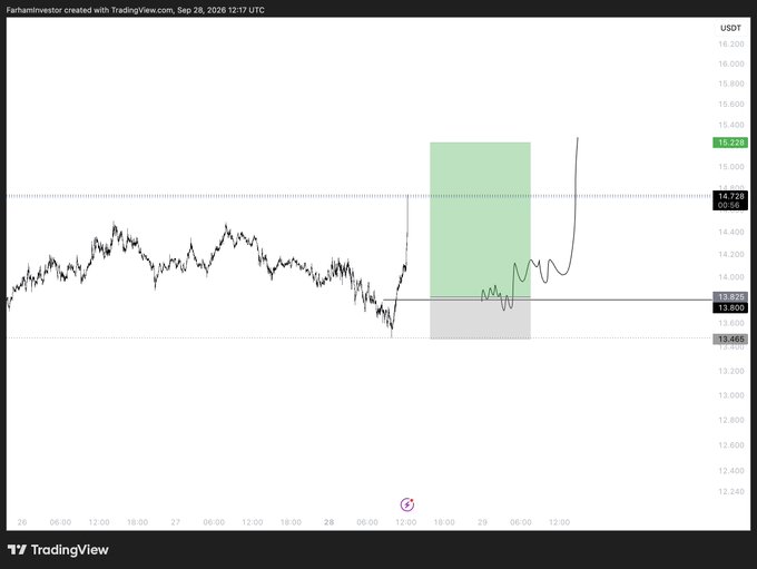 A TradingView chart shows the USDT price action ranging between $13.68-$14.72 support and resistance, with a highlighted green zone indicating a recent breakout above $13.82 resistance and a sharp rally toward $15.22, visually supporting the post's claim that the asset "looks strong."