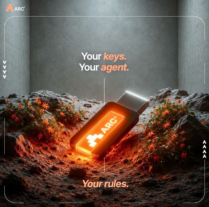 The image features a USB drive with an orange glow coming from its center, placed on top of some rocks. The USB drive has the words "Your keys. Your agent." written above it. Below the USB drive, there are three lines of text that read "Your rules. It's refreshing to see @TheARCTERMINAL building it this way from day one. Your account starts on your own hardware. Touch ID, Windows Hello, or a YubiKey derives the key locally. ARC never sees it. No shared secret on any server." The image is related to the post because it promotes the idea of using a USB drive as an agent for accessing personal information and following rules in the context of the post's message about the importance of understanding and respecting one's own hardware.
