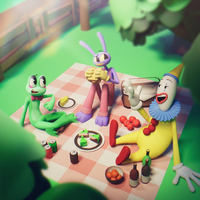 Three claymation-style characters—a green lizard with a red bow, a purple rabbit eating a sandwich, and a yellow clown with a blue ruff and party hat—enjoy a picnic on a pink and white checkered blanket featuring plates of food, cherries, a pie, and bottles scattered across the grass.