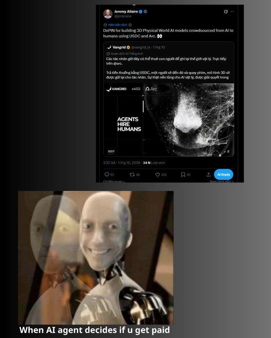 A screenshot of a tweet from @realaborai quoting @vangird about DePIN for building 3D Physical World AI models, paired with an image of a smiling humanoid robot captioned 'When AI agent decides if u get paid'.