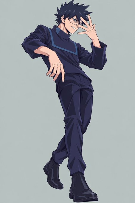 An anime-style character illustration of a spiky-haired young man in a dark navy outfit posing confidently with his hands raised.