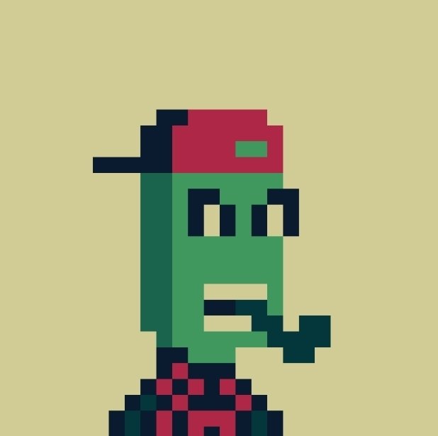 A pixel art illustration of a green zombie-like character with a backwards red cap, drooling, smoking a cigarette, and wearing a red and black checkered shirt on a beige background.