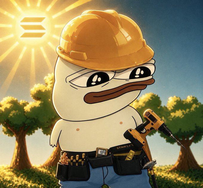 An illustration of a duck-like cartoon character wearing a yellow hard hat and a Stanley tool belt, holding a yellow DeWalt power drill, with a Solana logo glowing in the sun behind it.
