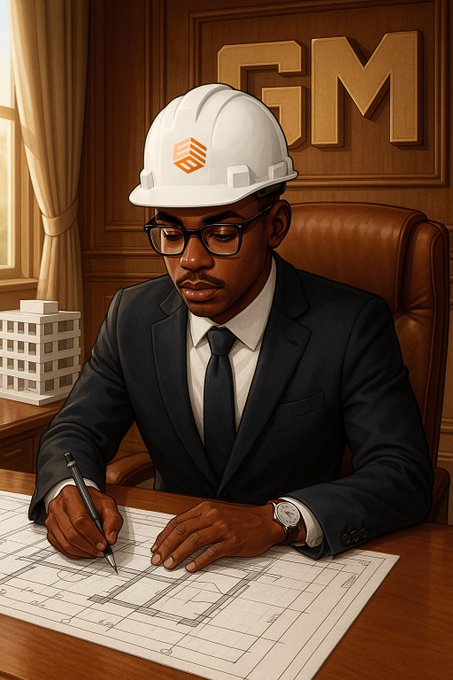 Digital illustration of a man in a suit and white hard hat drawing on architectural blueprints at a desk, with a building model and a "GM" logo on the wall behind him.
