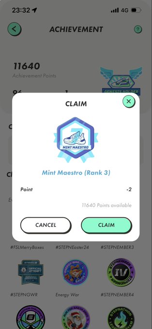 A screenshot of the STEPN app showing a "CLAIM" popup for a "Mint Maestro (Rank 3)" badge costing 2 points, with 11640 achievement points available, celebrating the acquisition of a rare Maestro badge.
