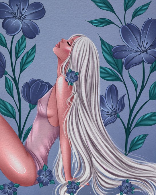The image is a stylized illustration of a nude woman with flowing white hair, surrounded by large blue flowers and green leaves against a lavender background, conveying a serene, dreamy aesthetic. This ethereal and artistic composition aligns with the post, showcasing the artwork selected for the Community Artist Showcase gallery at NFT NYC 2026.