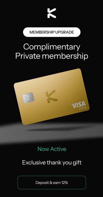 A screenshot from Kast showing a "Membership Upgrade" notification announcing a complimentary Private membership, featuring a gold Visa Infinite card branded with the Kast "K" logo and the text "Now Active" and "Exclusive thank you gift" along with a "Deposit & earn 12%" button, aligning with the user's excitement about receiving the upgraded gold card.