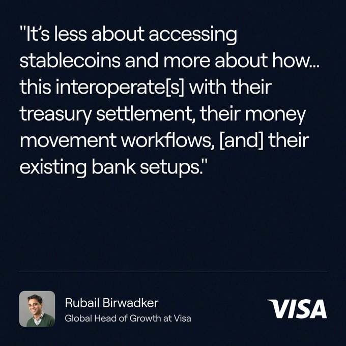 A dark blue graphic featuring a quote: 'It's less about accessing stablecoins and more about how... this interoperate[s] with their treasury settlement, their money movement workflows, [and] their existing bank setups.' — attributed to Rubail Birwadker, Global Head of Growth at Visa.