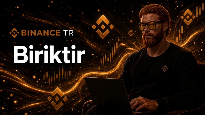 A man with glasses works on a laptop against a dynamic background featuring candlestick charts and Binance logos, with the text "BINANCE TR" and "Biriktir" (Turkish for "Save/Accumulate") prominently displayed, visually reinforcing the post's message about earning passive income through Binance TR's savings feature.