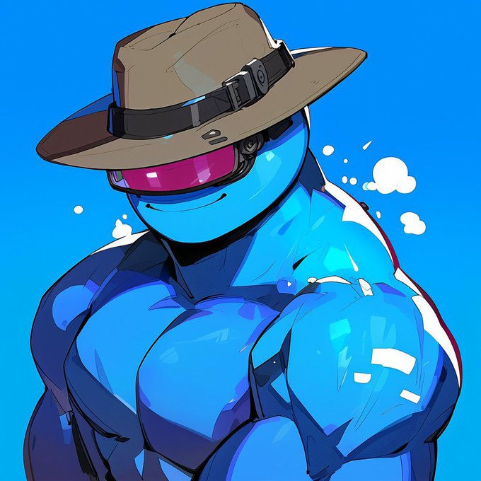 A muscular blue character wearing a brown ranger hat and pink sunglasses smiles confidently against a bright blue sky, visually reinforcing the post's "GM - Hold the line!" message with a bold, steadfast pose.