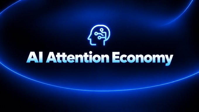 A digital graphic with a blue glowing background featuring a head icon with circuit patterns and the text "AI Attention Economy".