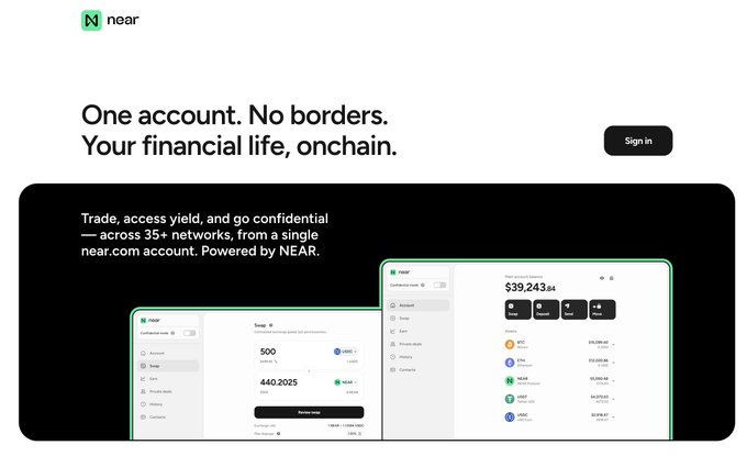 The image shows a screenshot of a website called "near(dot)com" with a white background and black text. The main focus of the image is an advertisement for a product named "Near Accounts", which is displayed on a computer screen. The text on the screen reads, "One account. No borders. Your financial life, onchain." This implies that the product allows users to manage their finances without geographical limitations or borders. The website also mentions that it has been powered by Near, and there are real Intents usage data available for the product.