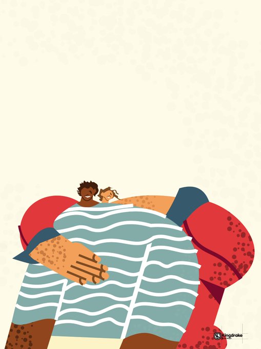 An illustration by 'kingbroke' showing two people cuddling together under a striped blanket on a red couch.