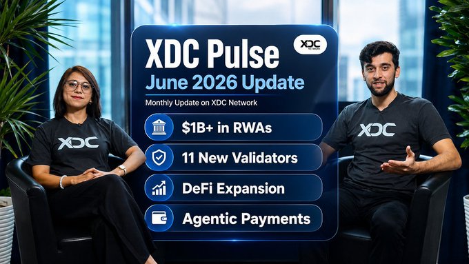 A promotional thumbnail for the 'XDC Pulse June 2026 Update' featuring two people in XDC shirts and highlights including '$1B+ in RWAs', '11 New Validators', 'DeFi Expansion', and 'Agentic Payments'.